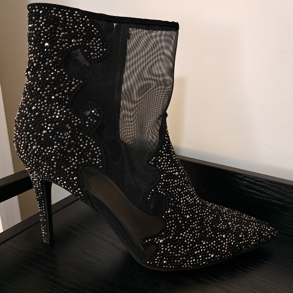 Thalia Sodi Black Mesh Boots With Rhinestones